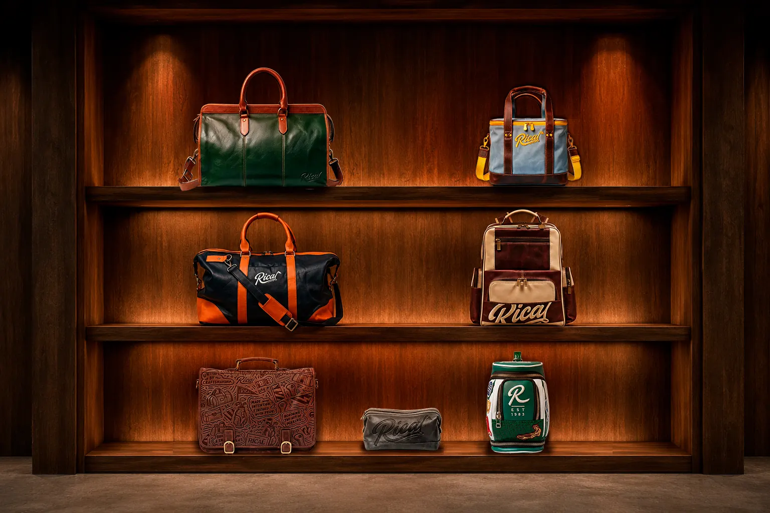RICAL leather duffel bags displayed on a lit wooden shelf