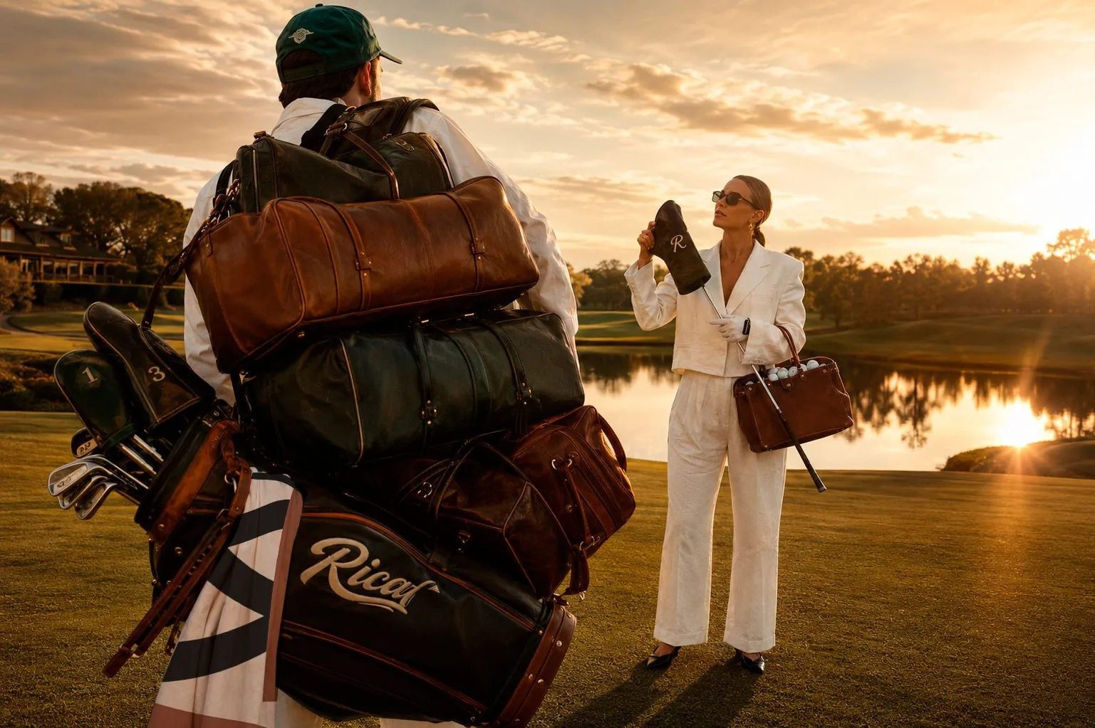A RICAL caddy carrying a stack of leather duffels and golf bags for a client on the course at golden hour