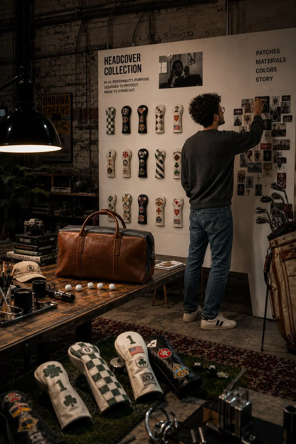 RICAL design studio wall with the headcover collection, mood board and a handcrafted leather duffel staged on the workbench